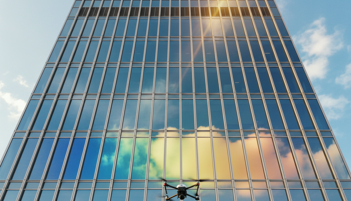 Drone professionnel au-dessus d’une skyline française avec annotations blueprint